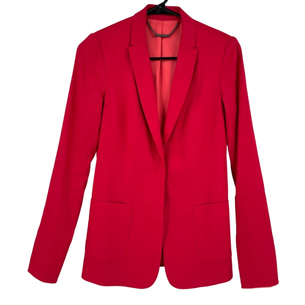 Tahari Red Linen Blend Tailored Blazer Jacket Womens Sz 0 Open Front Office Bold